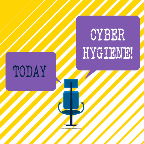 An office chair sits in the middle of the image with the words cyber hygiene and today written above it.